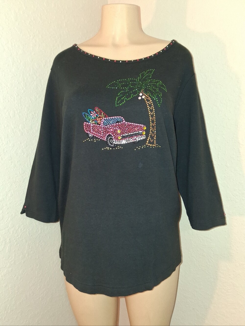 QUACKER FACTORY BLACK TOP W/ CUTE BEACH PRINT SZ 1X